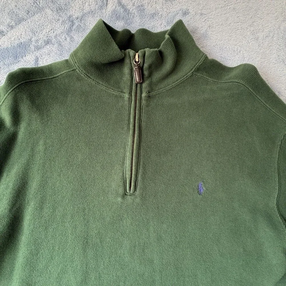 Vintage Polo Ralph Lauren Men XL Green 1/4 Zip Pullover Sweater Pony YKK